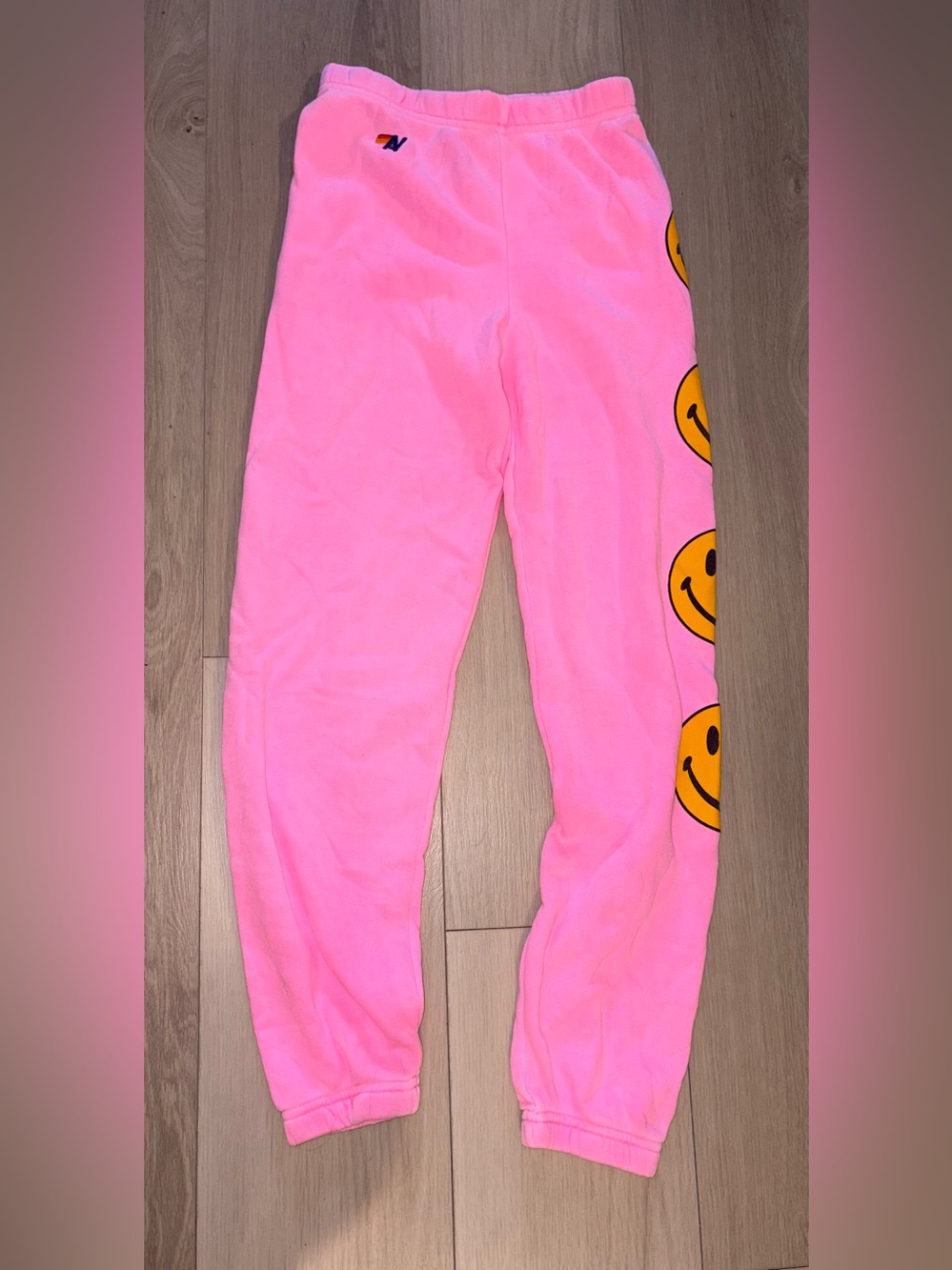 Aviator Nation Neon Pink Sweatpants with Yellow Smiley Side Graphics